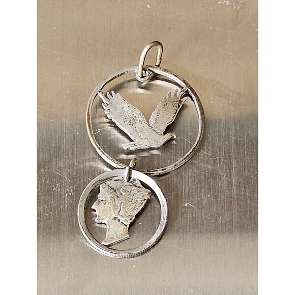 Mercury Dime Standing Liberty Quarter Carved Hanging Pendant 4.2g - Picture 1 of 3